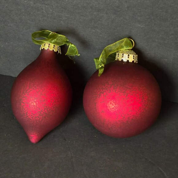 Frontgate Red Crackle Glass Christmas Ornaments Set Of 2 Matte Ball Teardrop 4" - Picture 1 of 6